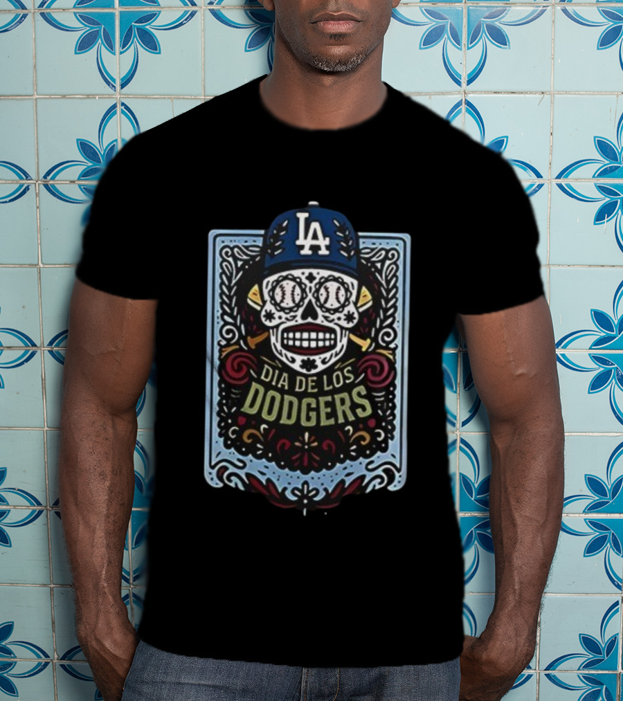 Dia De Los Dodgers LA Skull Baseball Icon T-Shirt