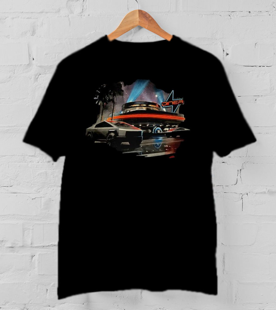 Tesla Cybertruck Diner Route 66 Hollywood Retro Nighttime Scene T-Shirt