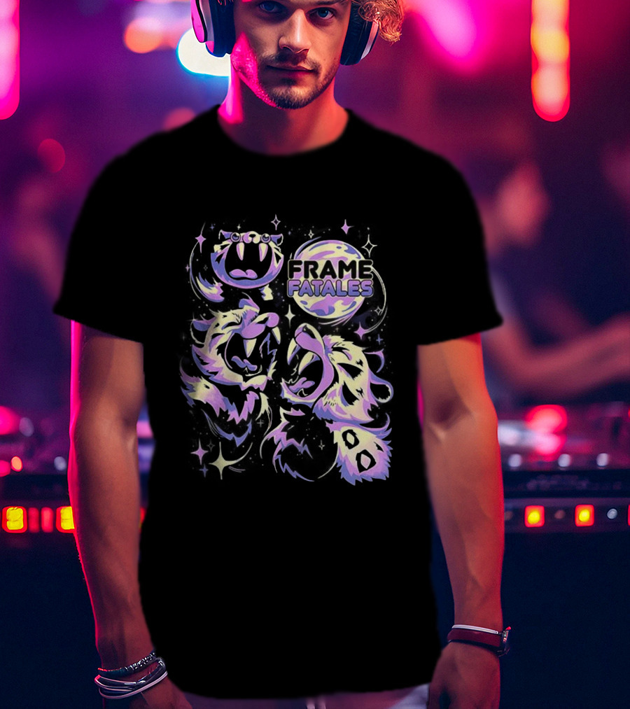 Three Faith Moon Frame Fatales Neon Pastel Feline Faces T-Shirt