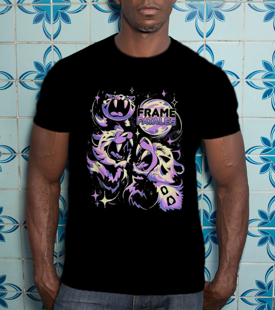 Three Faith Moon Frame Fatales Neon Pastel Feline Faces T-Shirt