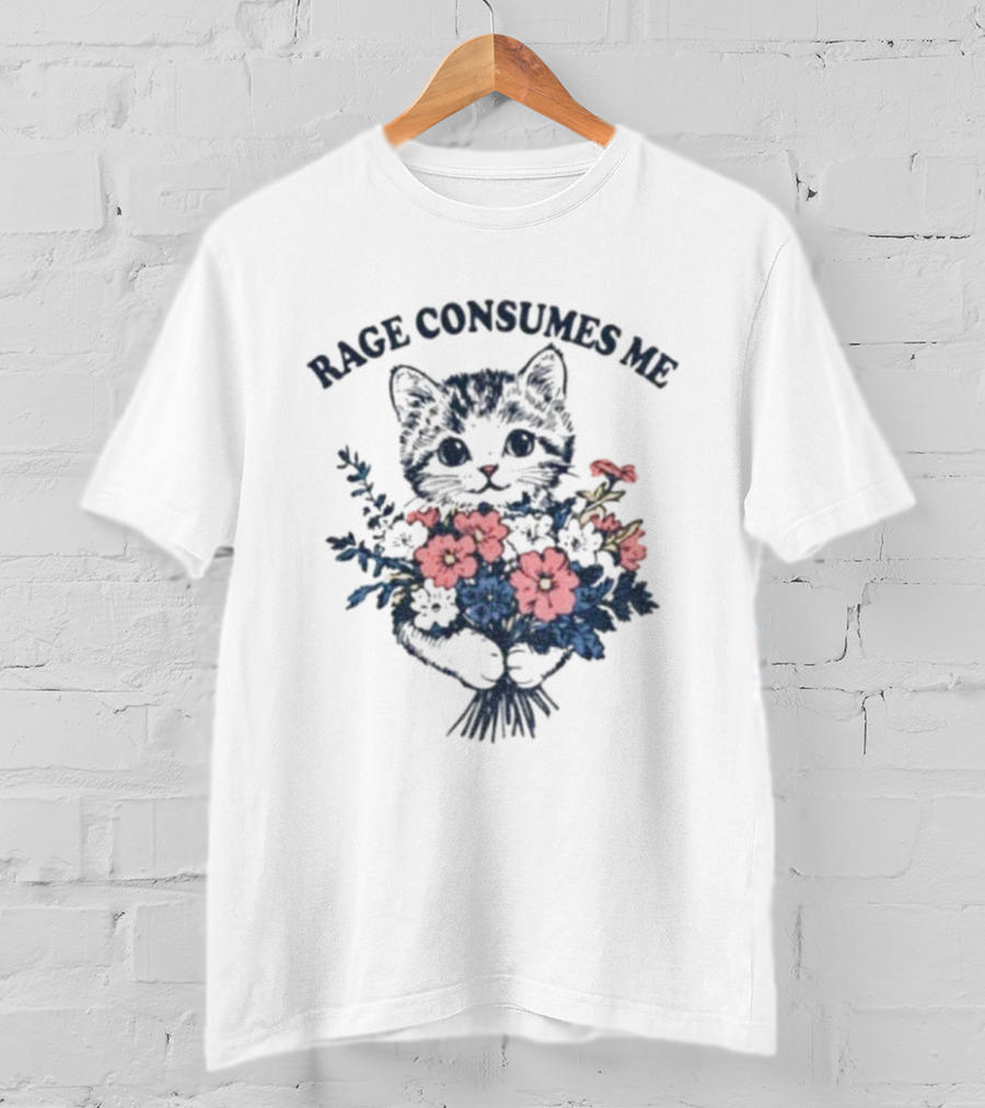 Rage Consumes Me Cat Holding Flower Vintage T-Shirt