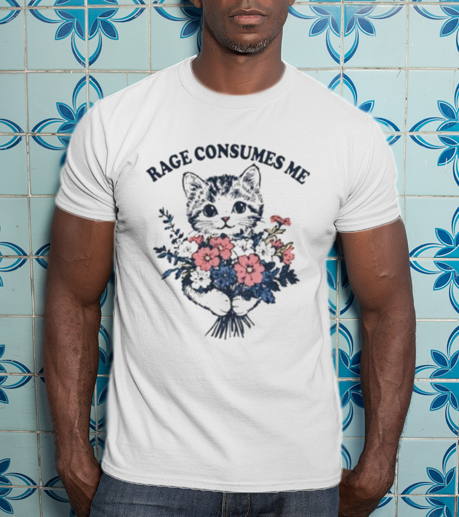 Rage Consumes Me Cat Holding Flower Vintage T-Shirt
