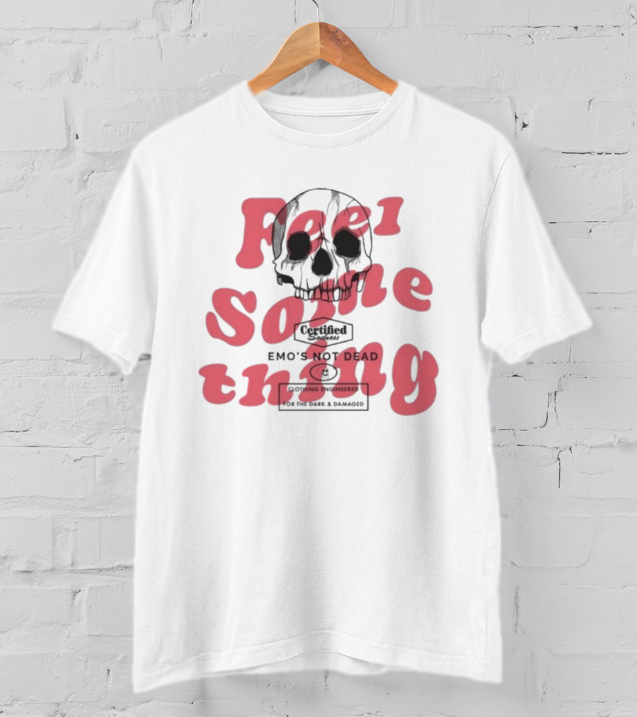 Emo’s Not Dead Feel Something Skull Vintage Style Pink Text T-Shirt