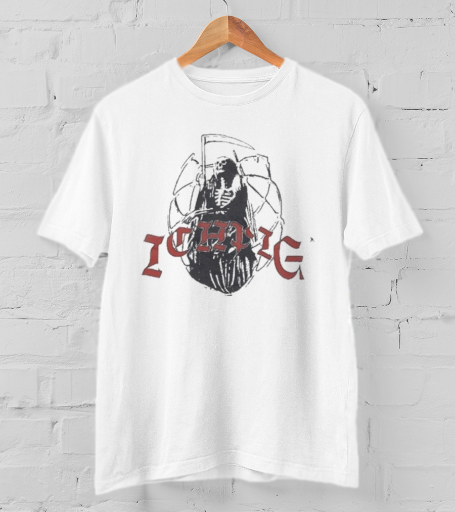 Ichpig Grim Reaper Ichpig Red Arch Text Over Black Cloaked Skeleton T-Shirt