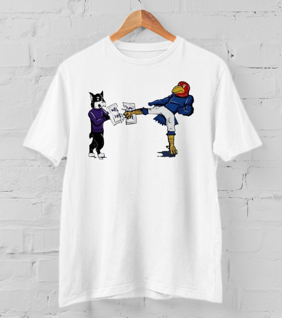 Kansas Jayhawk Mascot Kicking Wildcat We Own State T-Shirt