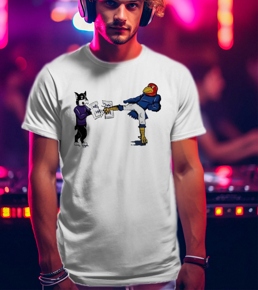 Kansas Jayhawk Mascot Kicking Wildcat We Own State T-Shirt