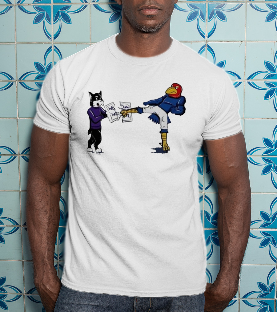 Kansas Jayhawk Mascot Kicking Wildcat We Own State T-Shirt