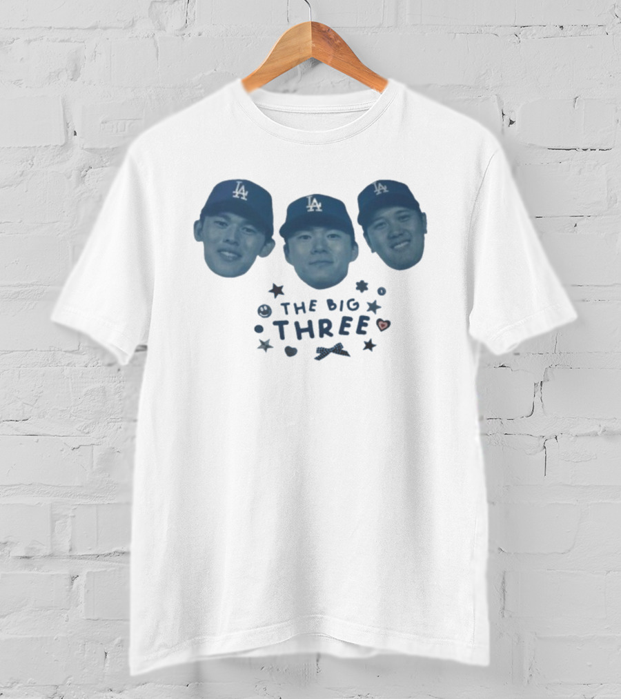 Rōki Sasaki Yoshinobu Yamamoto Shohei Ohtani The Big Three Los Angeles Dodgers 2025 Championship T-Shirt