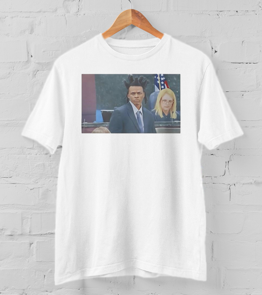 Ronnie Oneal Courtroom Scene With Unique Hairstyle And American Flags T-Shirt