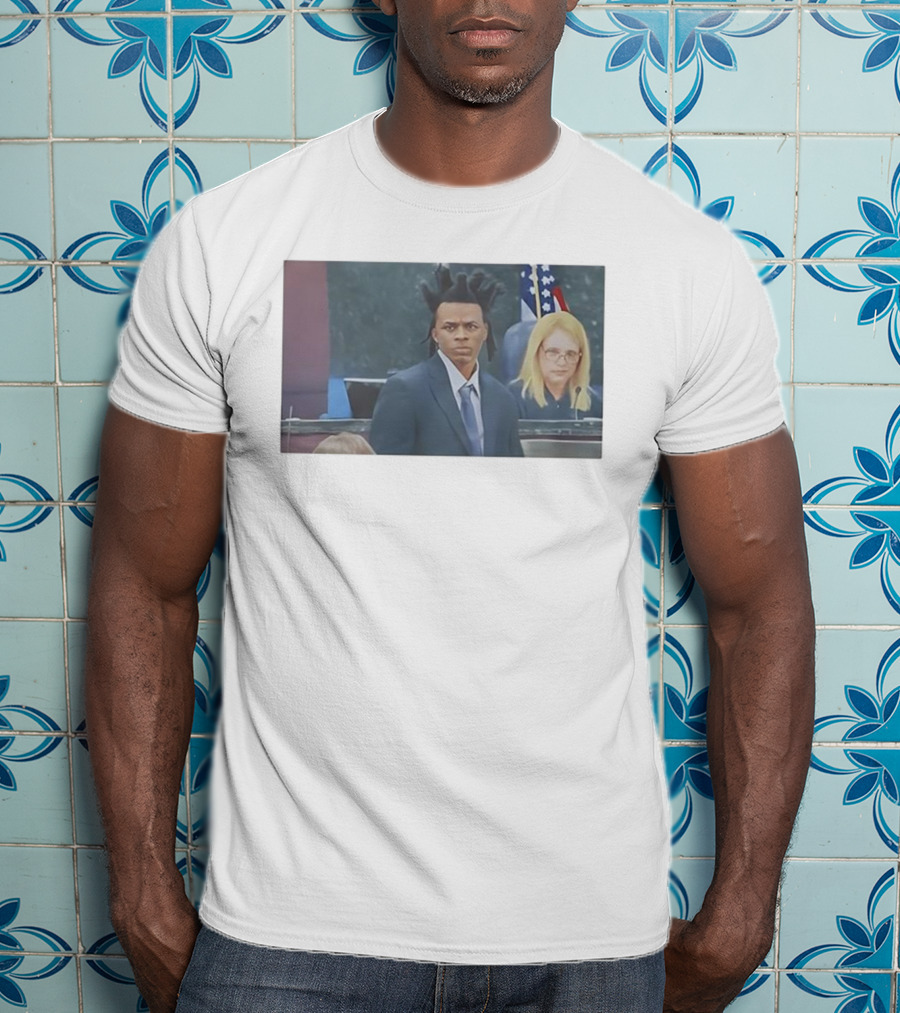 Ronnie Oneal Courtroom Scene With Unique Hairstyle And American Flags T-Shirt