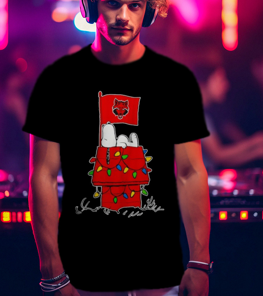Arkansas State Red Wolves Snoopy Holiday Lights House Peanuts T-Shirt