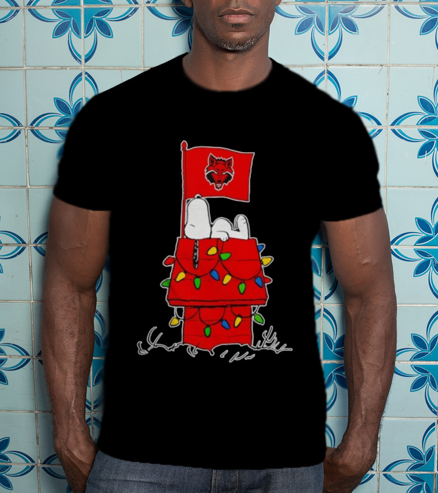 Arkansas State Red Wolves Snoopy Holiday Lights House Peanuts T-Shirt