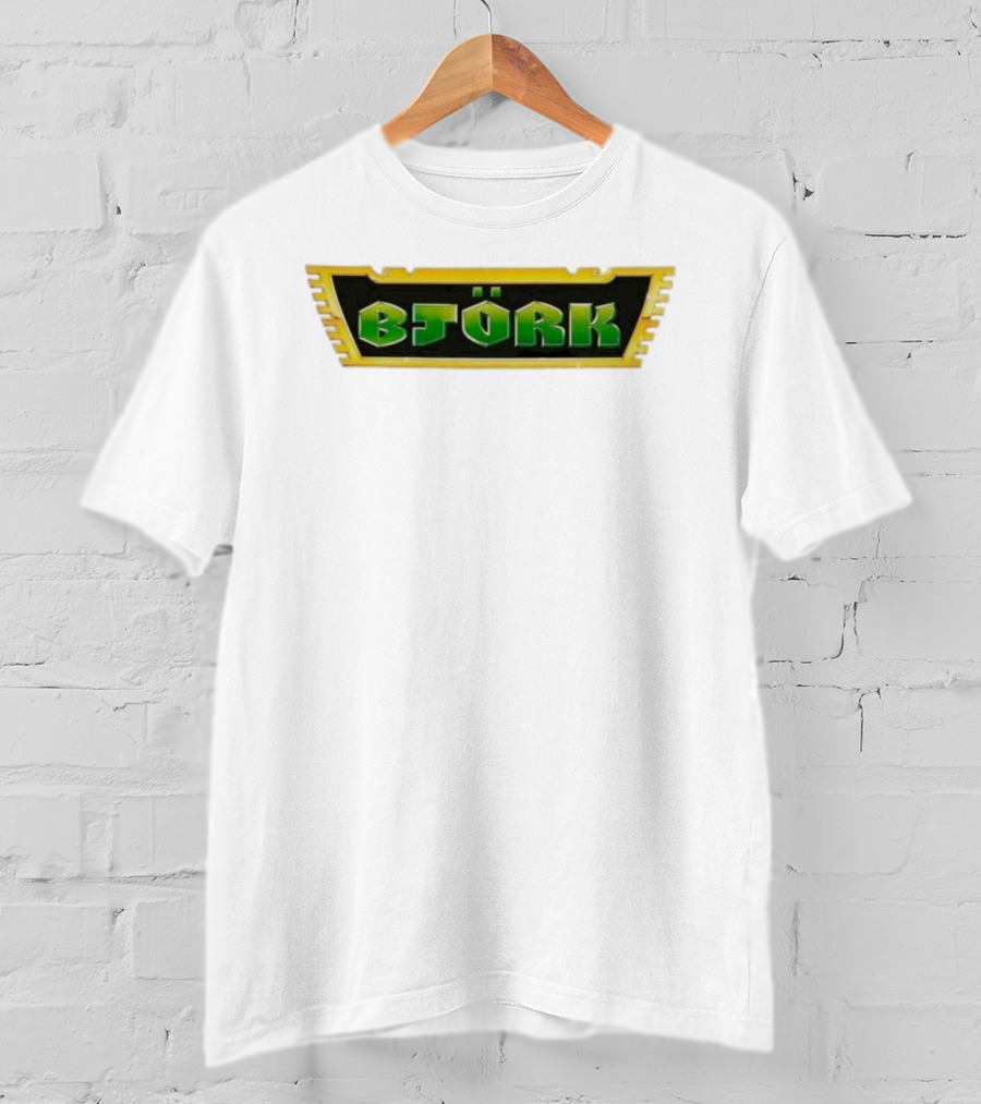 Björk Vintage Green Letters Yellow Border Retro Style T-Shirt