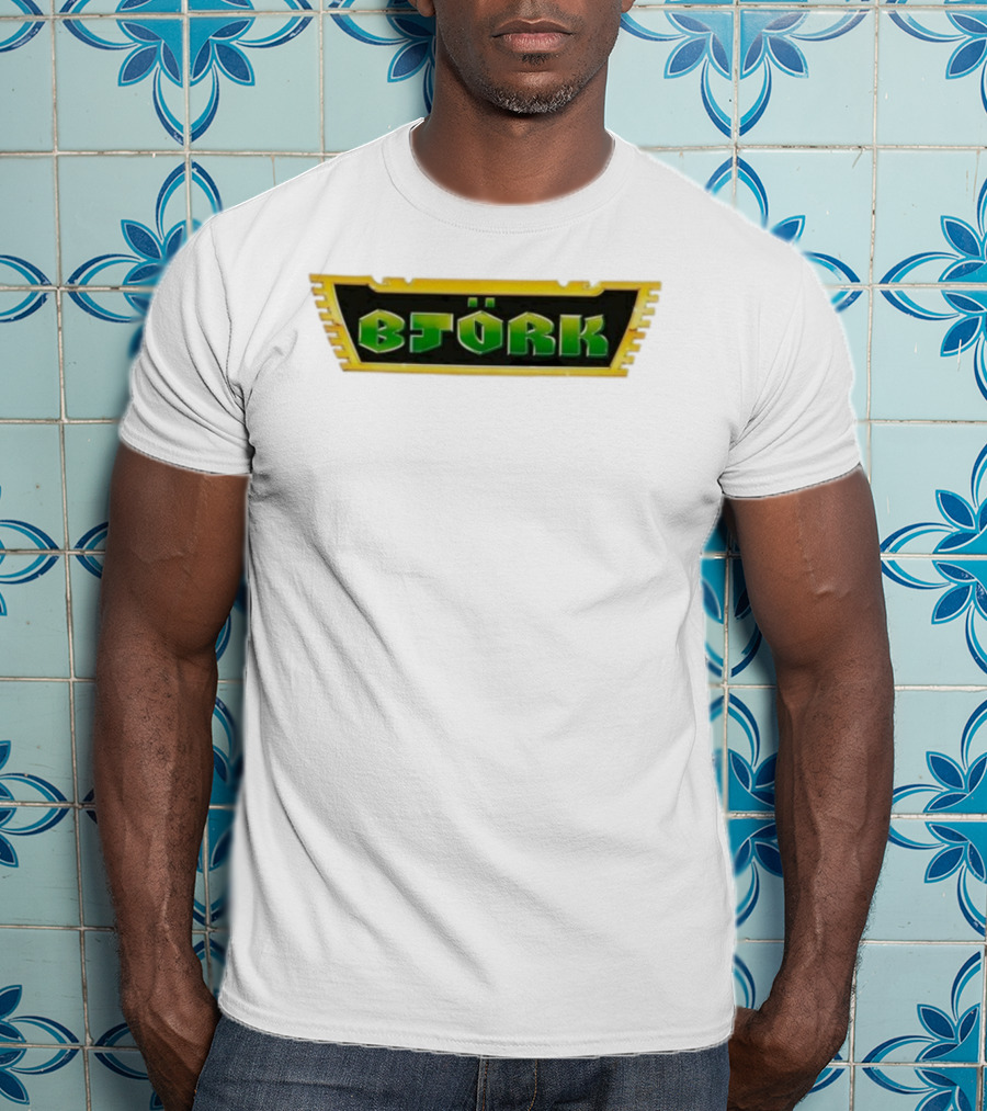 Björk Vintage Green Letters Yellow Border Retro Style T-Shirt