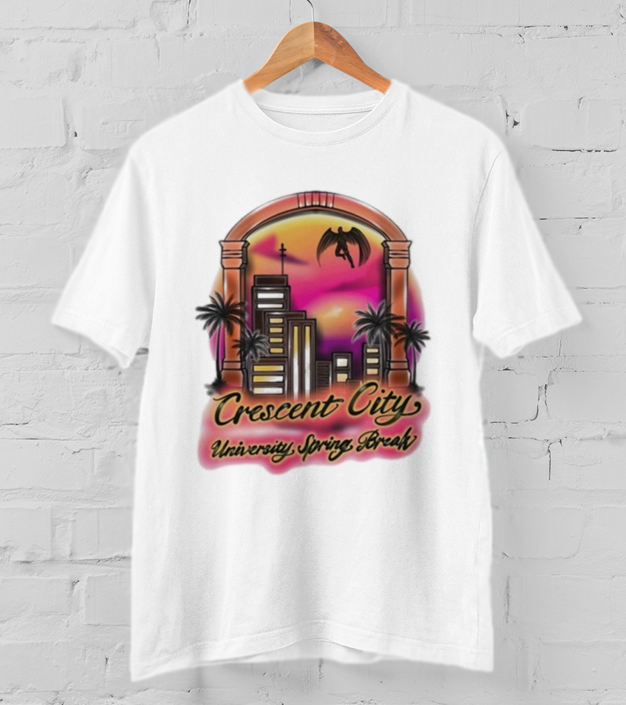 Crescent City University Spring Break Airbrush Tropical Sunset Skyscraper Archway Angel Wings T-Shirt