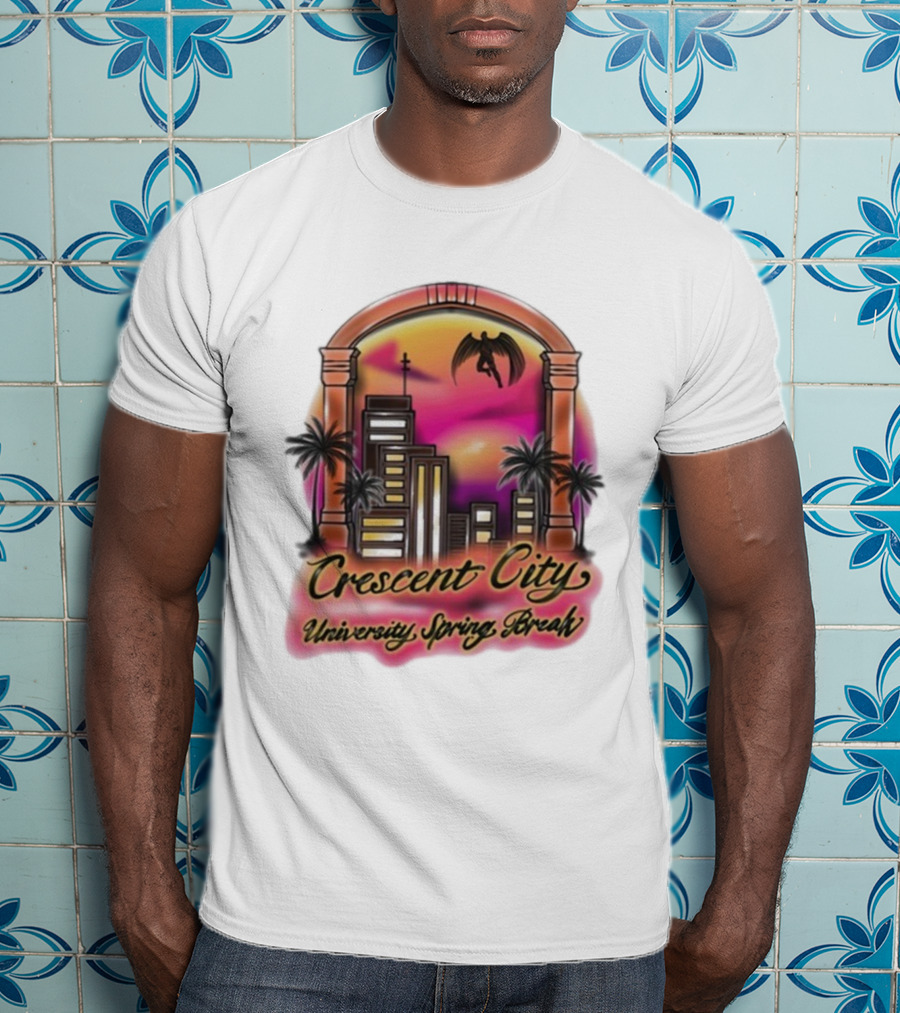 Crescent City University Spring Break Airbrush Tropical Sunset Skyscraper Archway Angel Wings T-Shirt