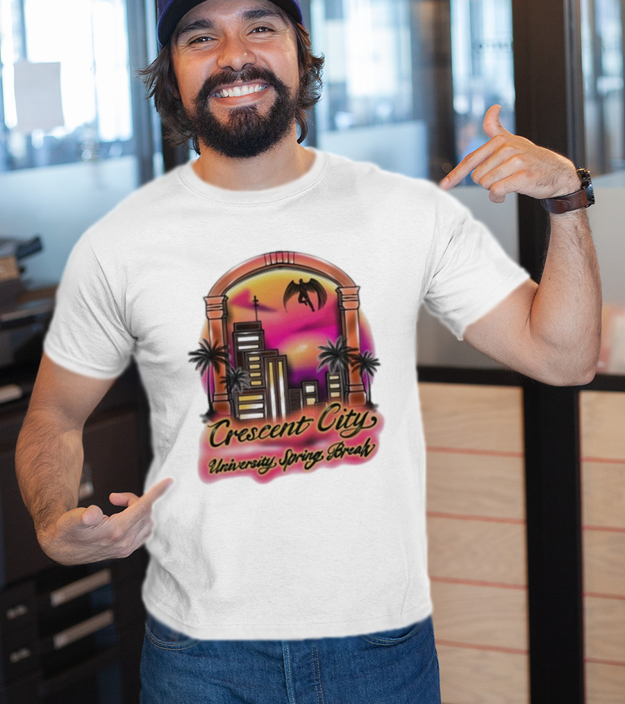 Crescent City University Spring Break Airbrush Tropical Sunset Skyscraper Archway Angel Wings T-Shirt
