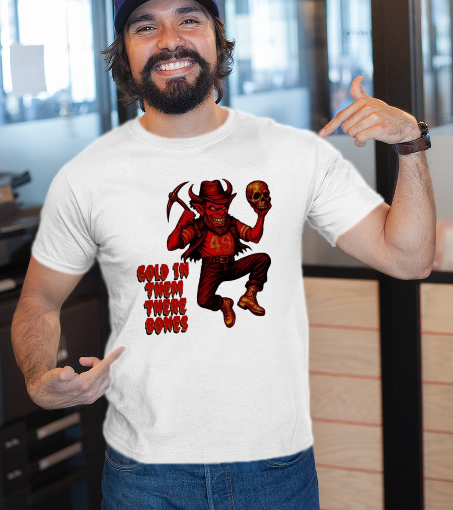 San Francisco 49er Devil Holding Skull Gold In Them There Bones T-Shirt