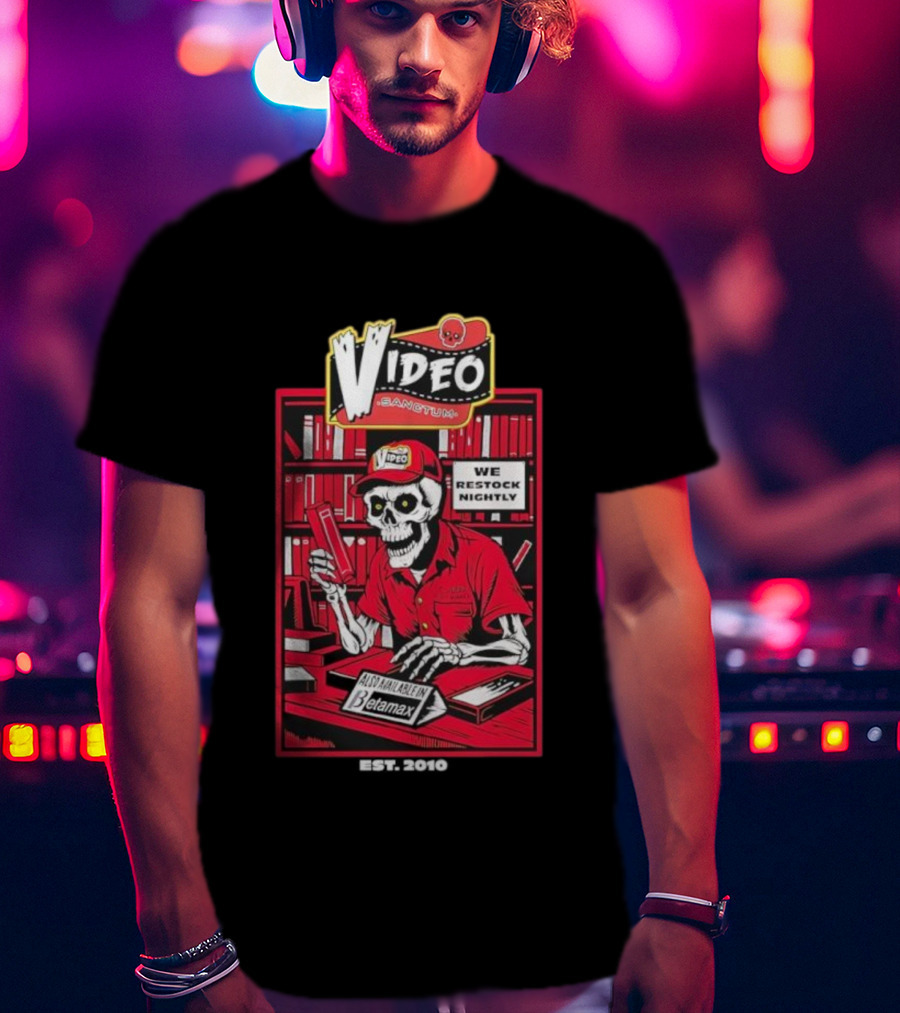 Video Sanctum We Restock Nightly Betamax Skeleton T-Shirt