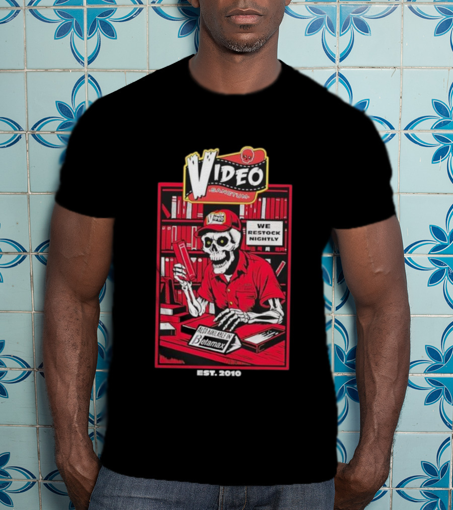 Video Sanctum We Restock Nightly Betamax Skeleton T-Shirt