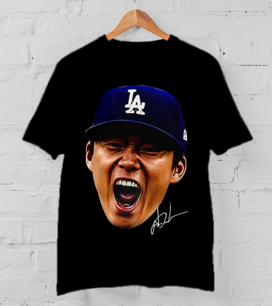 Yoshinobu Yamamoto LA Cap Big Head World Series Champions 2025 Signature T-Shirt
