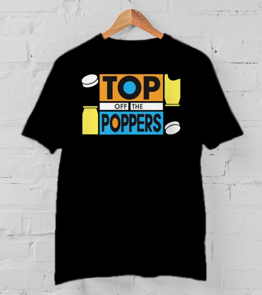 TOP OFF THE POPPERS Yellow And Blue Theme With White Pieces T-Shirt
