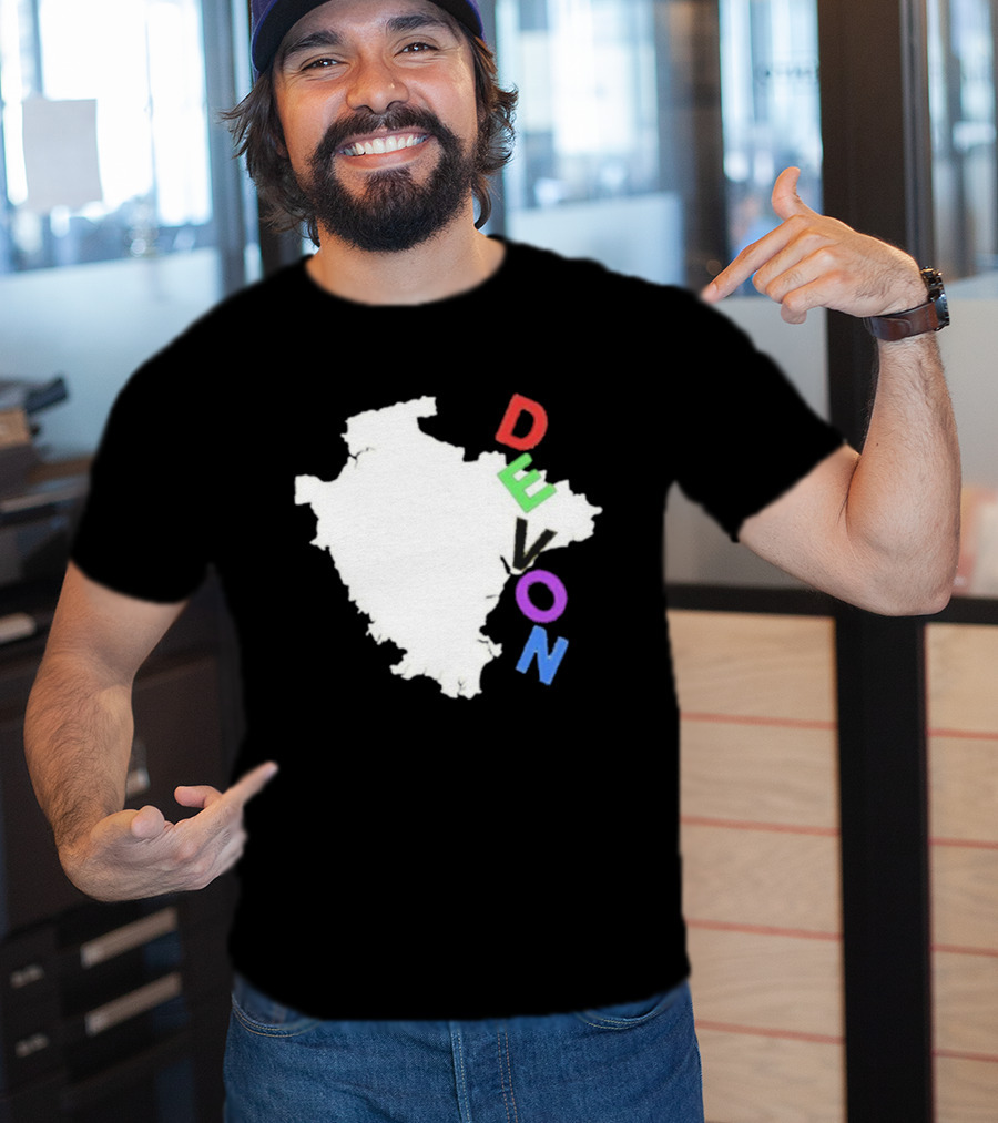 We Are Devon Island Map Outline With Colorful Vertical Text T-Shirt