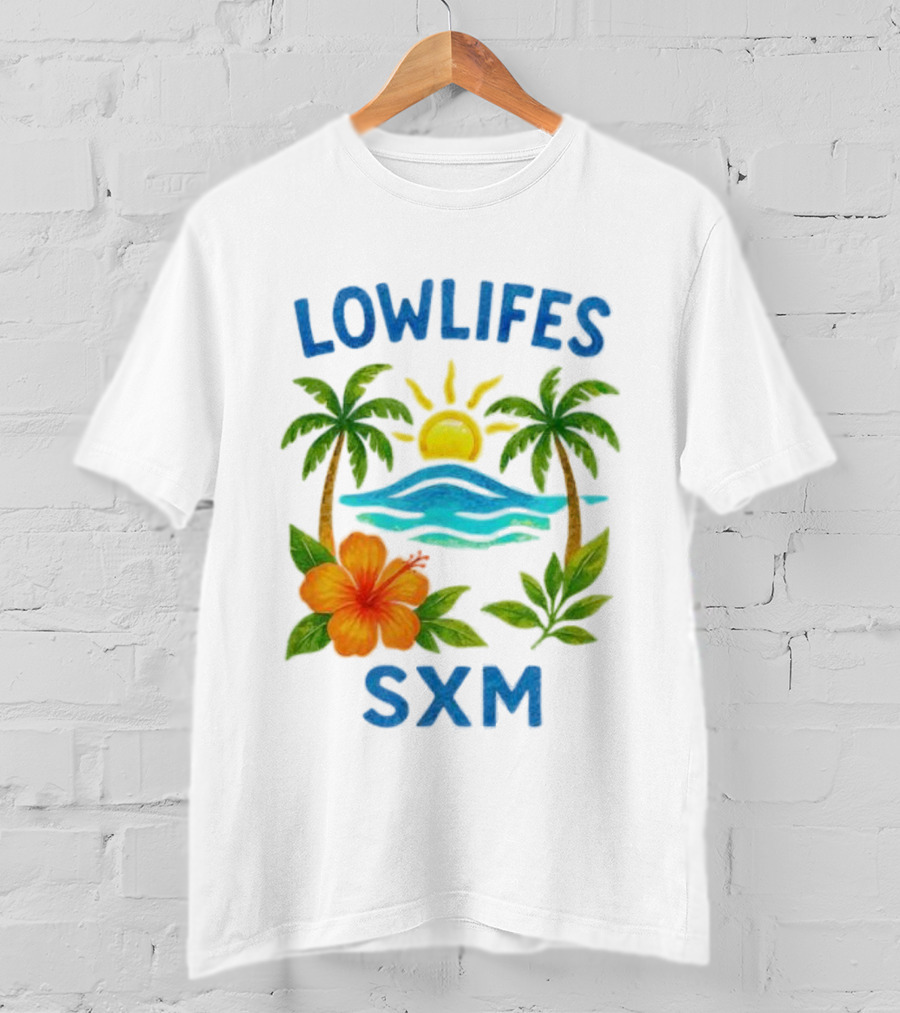 Lowlifes SXM Tropical Sunset 2025 Palms Hibiscus Ocean Sun T-Shirt