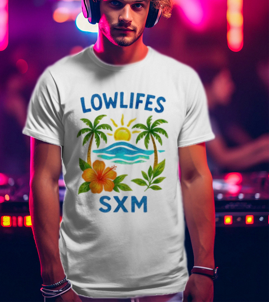 Lowlifes SXM Tropical Sunset 2025 Palms Hibiscus Ocean Sun T-Shirt