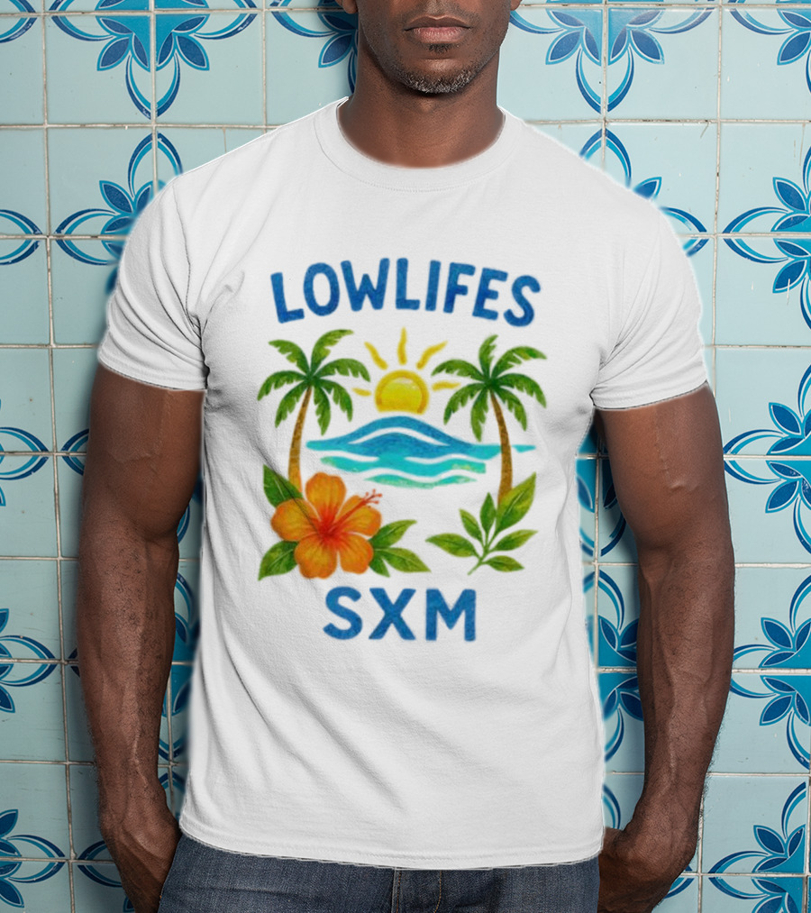 Lowlifes SXM Tropical Sunset 2025 Palms Hibiscus Ocean Sun T-Shirt