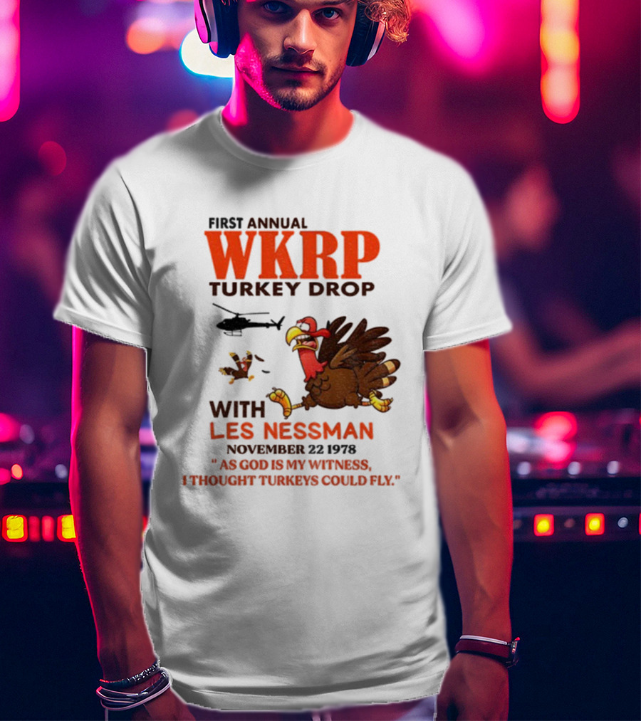 Vintage WKRP Turkey Drop First Annual With Les Nessman As God Is My Witness November T-Shirt