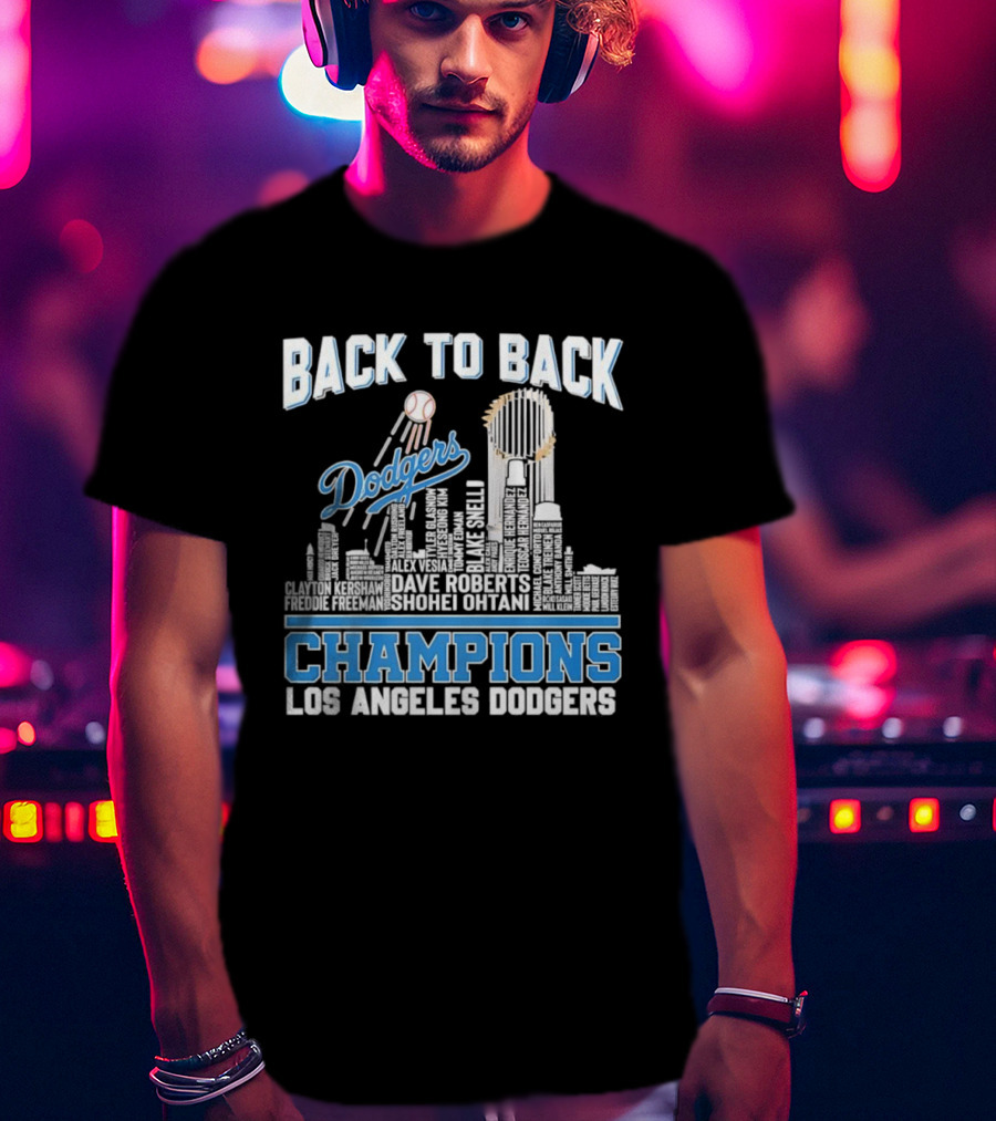 Back To Back Champions Dodgers Trophy Los Angeles Skyline T-Shirt