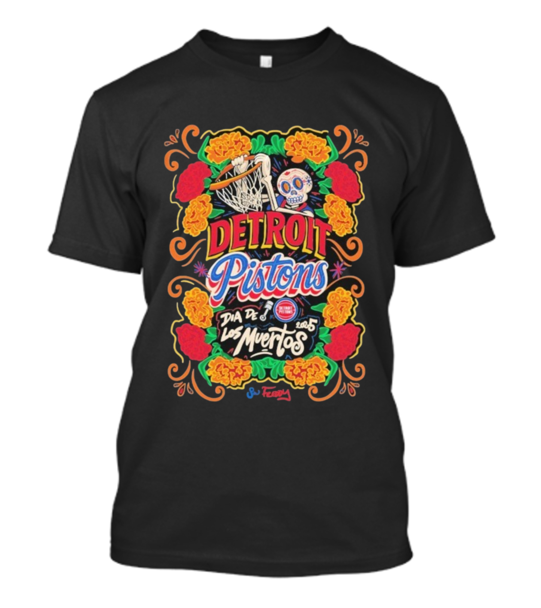 Detroit Pistons Día De Los Muertos 2025 SW Freddy Basketball Floral Skull T-Shirt