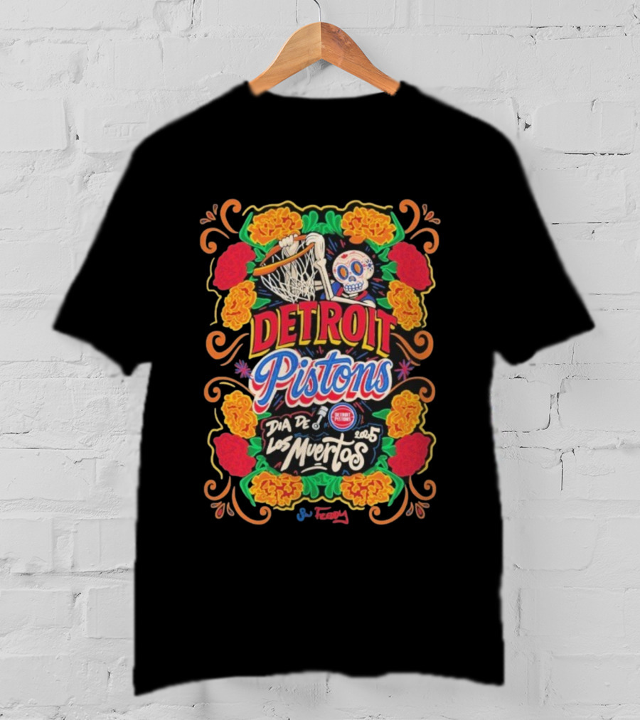 Detroit Pistons Día De Los Muertos 2025 SW Freddy Basketball Floral Skull T-Shirt