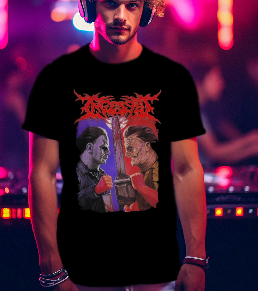 Michael Myers Freddy Krueger Ingested Chainsaw Showdown Graphic T-Shirt