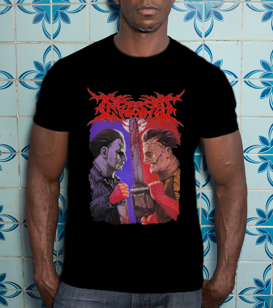 Michael Myers Freddy Krueger Ingested Chainsaw Showdown Graphic T-Shirt