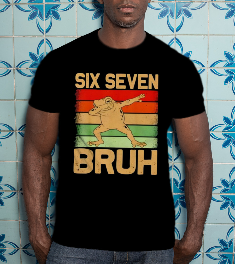 Six Seven Bruh Dab Frog Retro Stripes T-Shirt