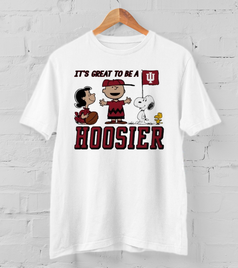 Peanuts Characters Indiana Hoosiers It's Great To Be A Hoosier Snoopy Woodstock Lucy Charlie Brown IU Flag T-Shirt