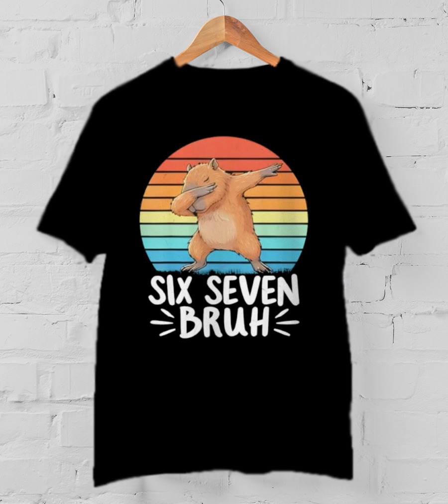 67 Meme Capybara Dabbing Six Seven Bruh Rainbow Retro T-Shirt