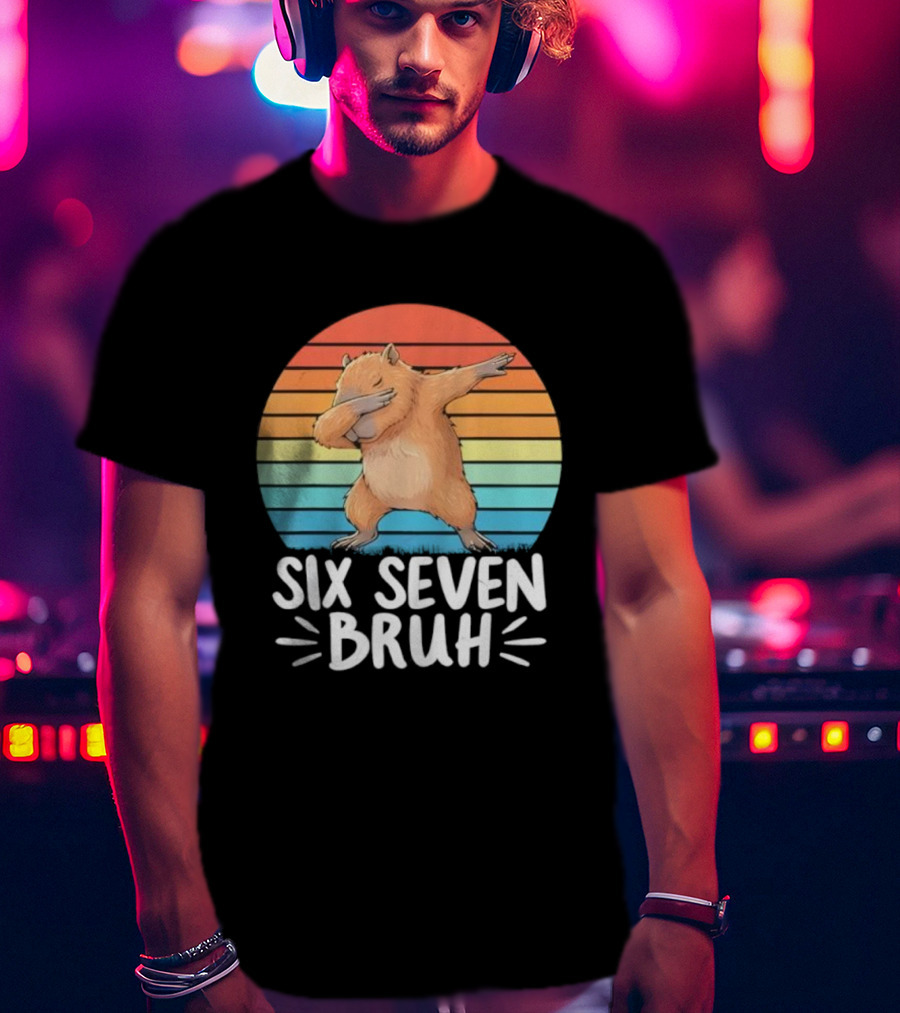 67 Meme Capybara Dabbing Six Seven Bruh Rainbow Retro T-Shirt