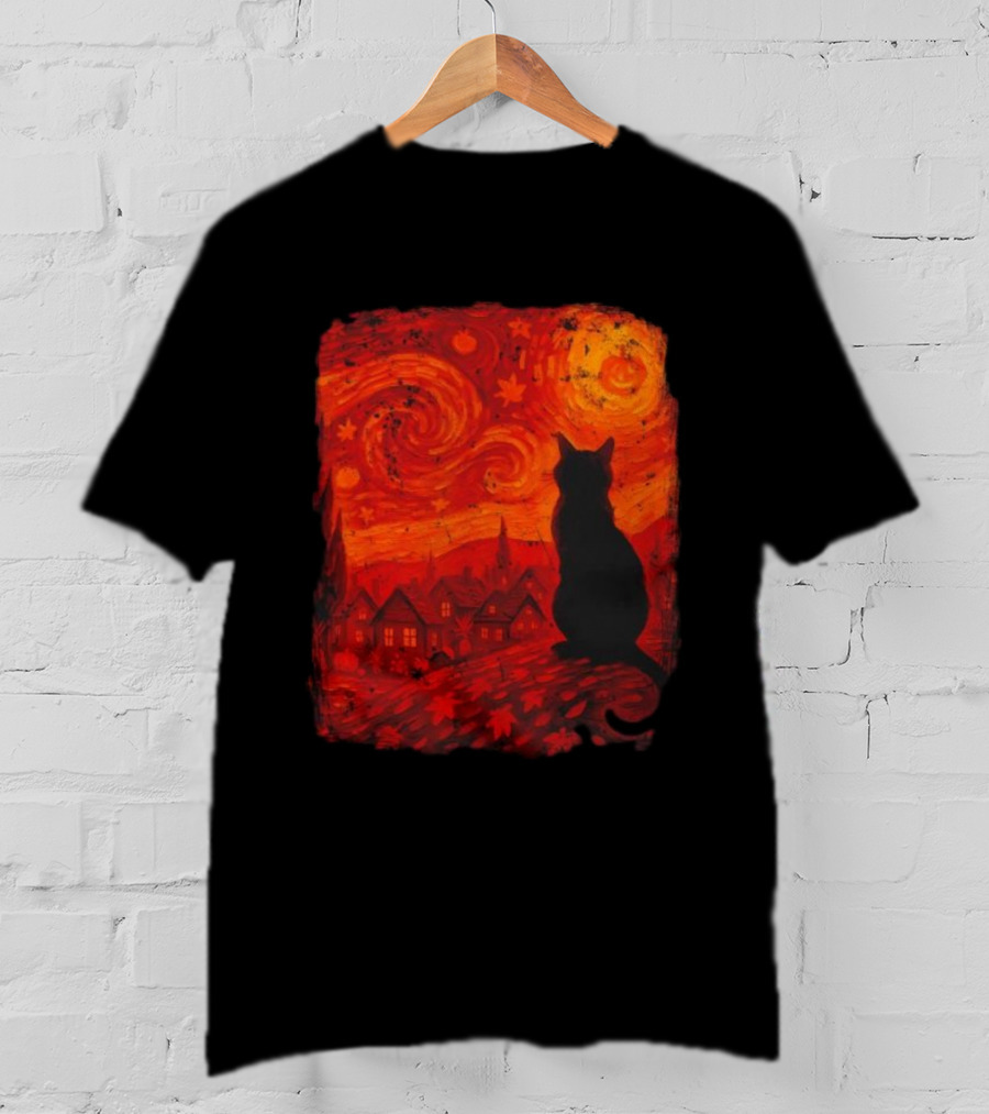 Van Gogh Cat Lover Starry Night Thanksgiving Autumn T-Shirt