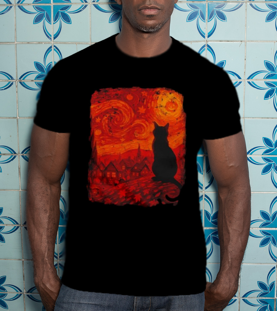 Van Gogh Cat Lover Starry Night Thanksgiving Autumn T-Shirt