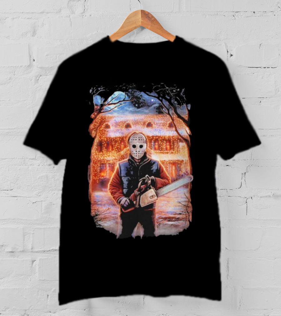 Clark’s Revenge Chainsaw Christmas Lights Hockey Mask Retro Horror Holiday T-Shirt