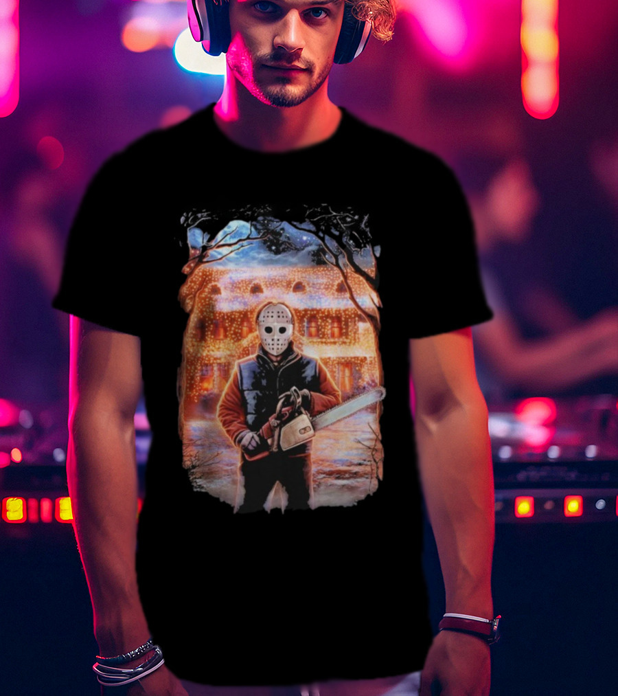 Clark’s Revenge Chainsaw Christmas Lights Hockey Mask Retro Horror Holiday T-Shirt