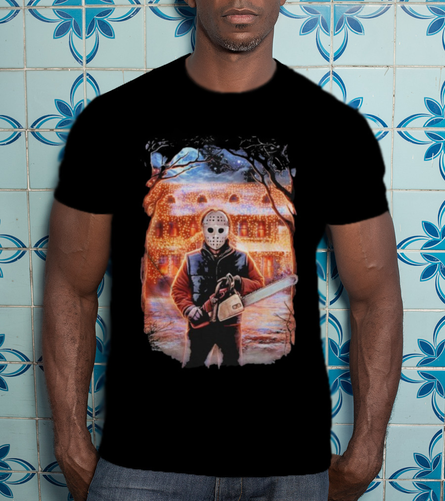 Clark’s Revenge Chainsaw Christmas Lights Hockey Mask Retro Horror Holiday T-Shirt