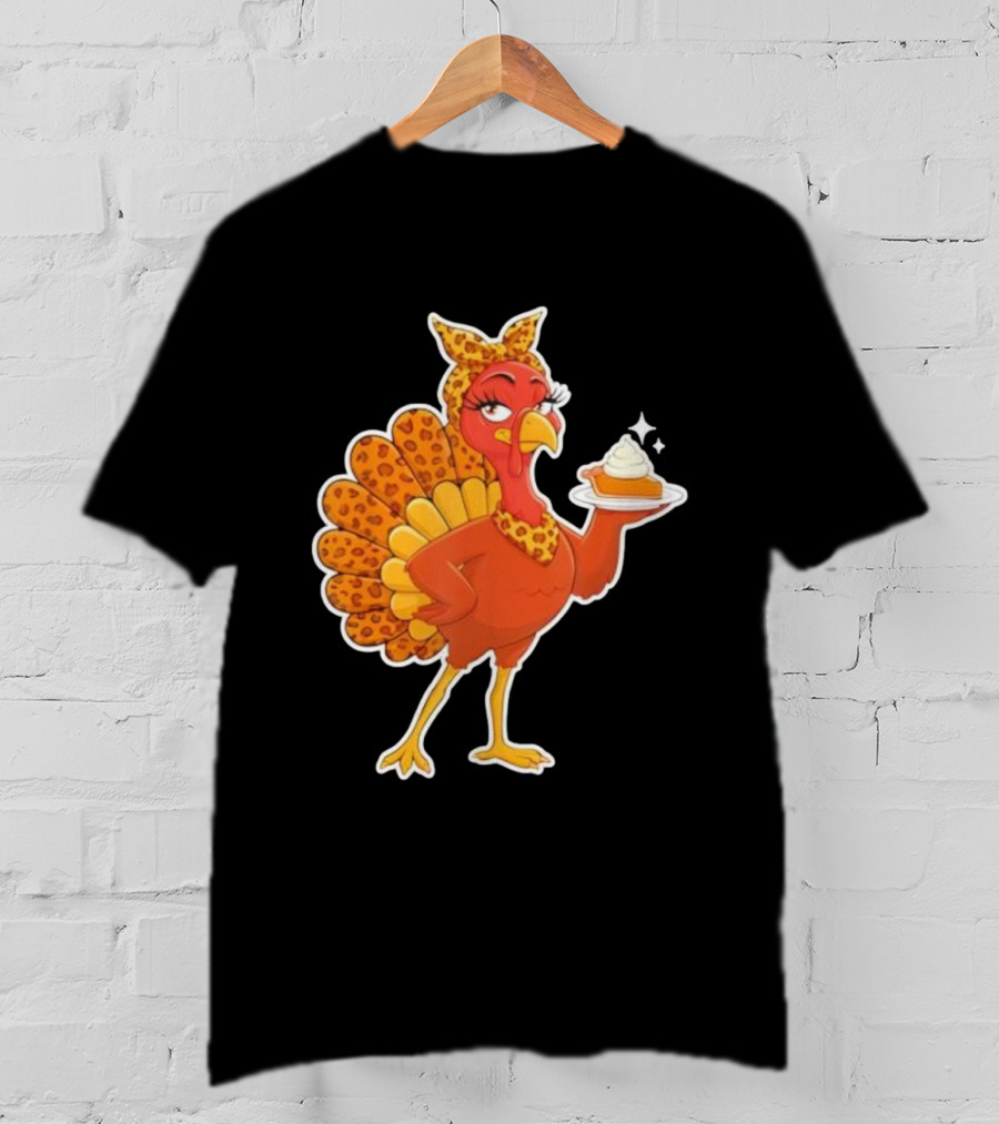 Leopard Print Turkey With Pumpkin Pie Thanksgiving T-Shirt