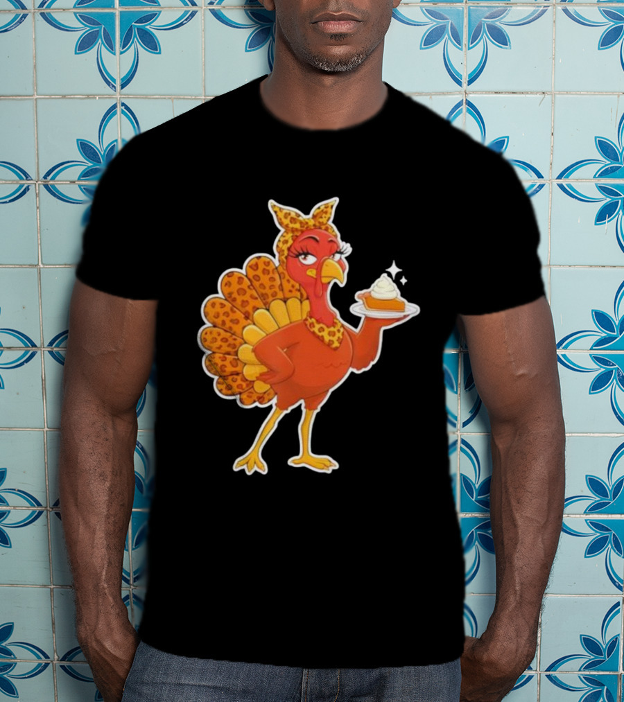 Leopard Print Turkey With Pumpkin Pie Thanksgiving T-Shirt
