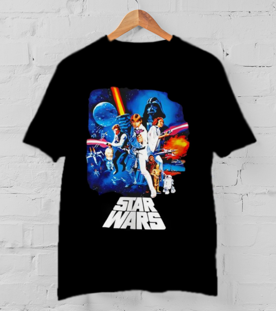 Star Wars New Hope Retro Darth Vader Luke Skywalker Leia Han Solo Chewbacca R2-D2 C-3PO Vintage Galactic Battle Scene T-Shirt