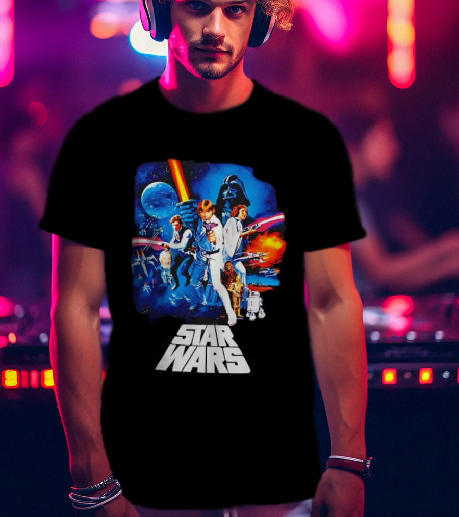Star Wars New Hope Retro Darth Vader Luke Skywalker Leia Han Solo Chewbacca R2-D2 C-3PO Vintage Galactic Battle Scene T-Shirt