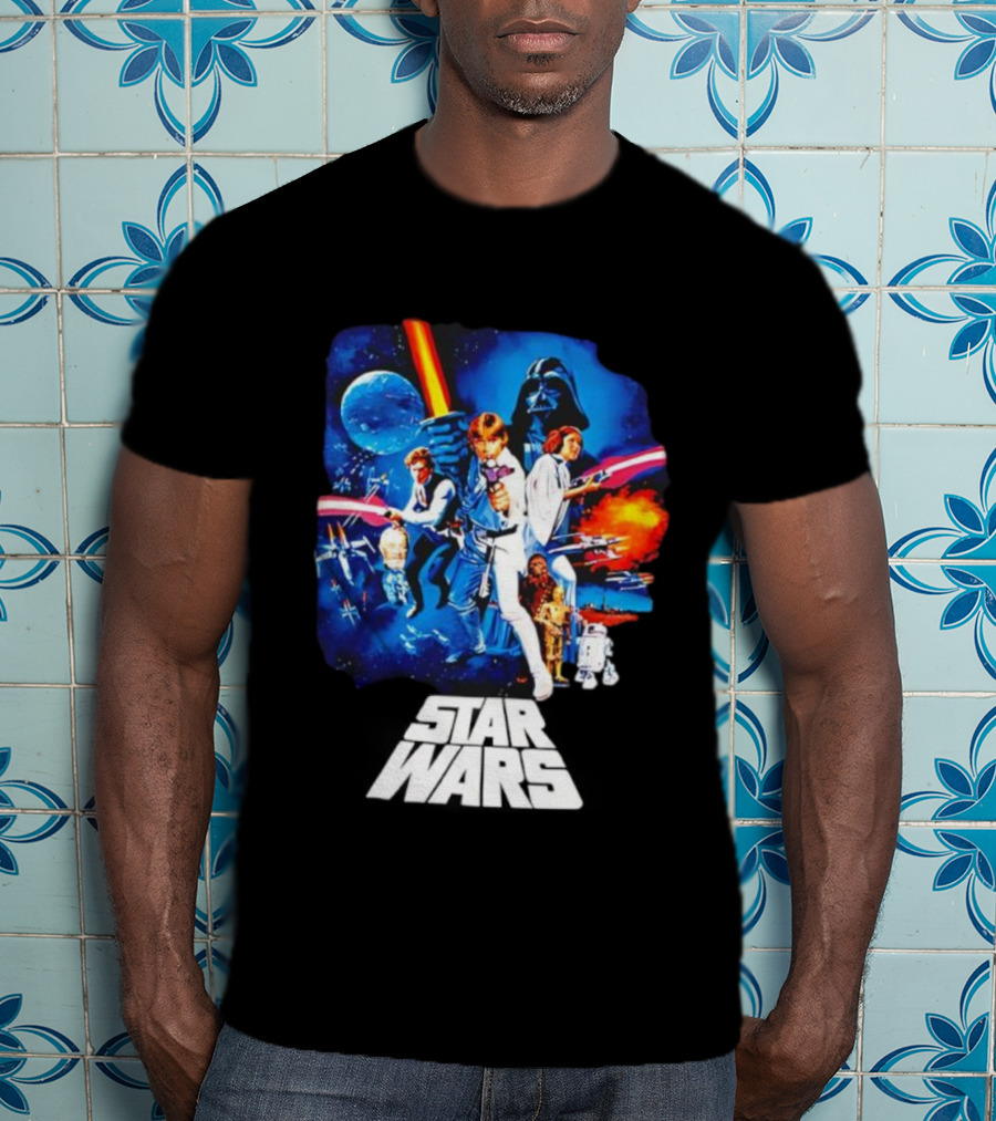 Star Wars New Hope Retro Darth Vader Luke Skywalker Leia Han Solo Chewbacca R2-D2 C-3PO Vintage Galactic Battle Scene T-Shirt
